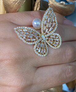 Inel reglabil fluture cu pietre si perla